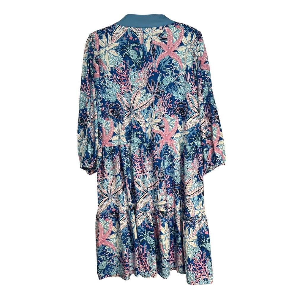 Simply Southern Reef Print Tiered Dress Blue Pink UPF 50+ XL Coastal Starfish - Picture 6 of 10